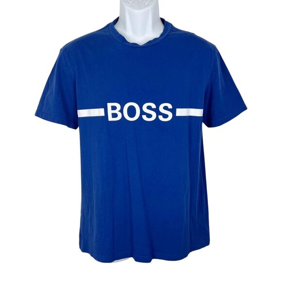 BOSS Hugo Boss Shirt Men Large Blue Short Sleeve Slim Fit Solid Spellout Tee - Picture 1 of 11